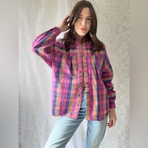 Vintage Style Plaid Cotton Button Up Shirt Pink Purple Oversized Y2K